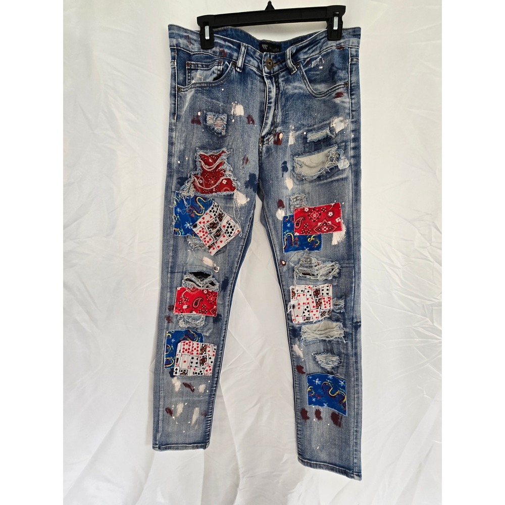 WAIMEA Men's Skinny Fit Distressed Patchwork Jeans Blue Size 30x32